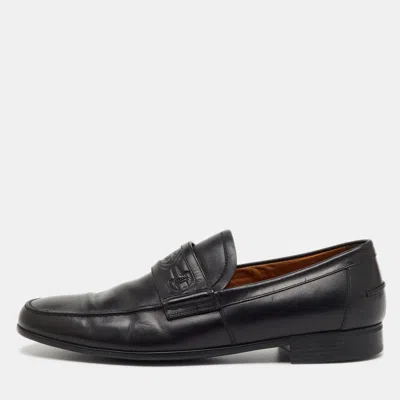 Pre-owned Gucci Black Leather Horsebit Embossed Slip On Loafers Size 40.5