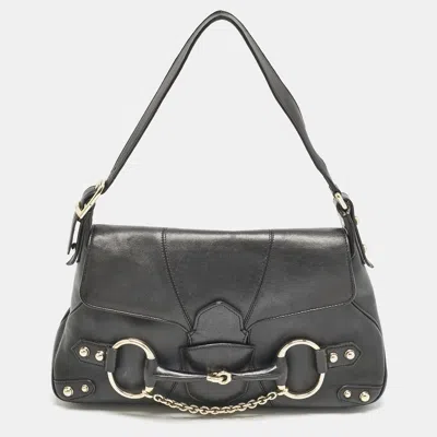 Pre-owned Gucci Black Leather Horsebit Flap Shoulder Bag