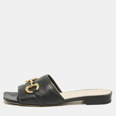 Pre-owned Gucci Black Leather Horsebit Flat Sandals Size 40