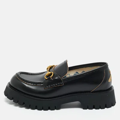 Pre-owned Gucci Black Leather Horsebit Loafers Size 38.5