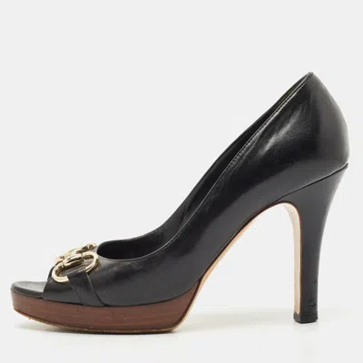 Pre-owned Gucci Black Leather Horsebit Peep Toe Platform Pumps Size 38