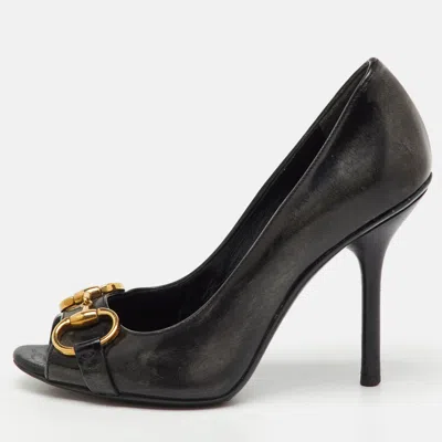 Pre-owned Gucci Black Leather Horsebit Peep Toe Pumps Size 35.5