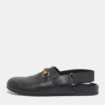 Pre-owned Gucci Black Leather Horsebit River Slingback Slippers Size 42