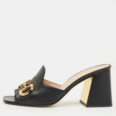 Pre-owned Gucci Black Leather Horsebit Slide Sandals Size 38