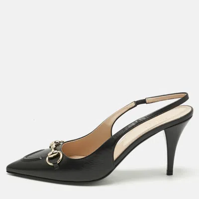 Pre-owned Gucci Black Leather Horsebit Slingback Pumps Size 37.5