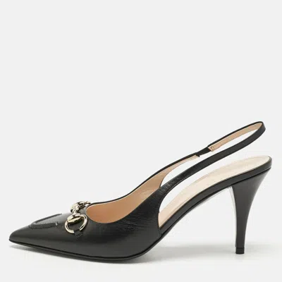Pre-owned Gucci Black Leather Horsebit Slingback Pumps Size 38