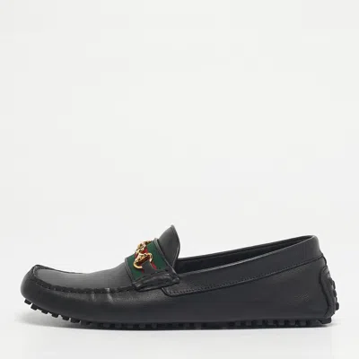 Pre-owned Gucci Black Leather Horsebit Web Detail Driver Loafers Size 42.5