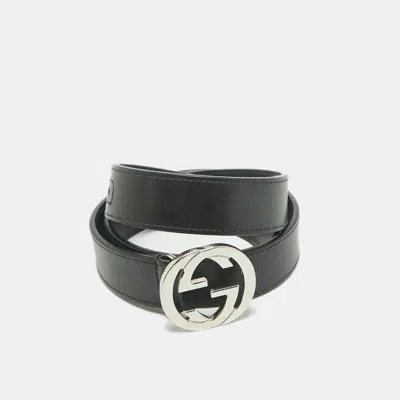 Pre-owned Gucci Black Leather Interlocking G Buckle Belt 80 Cm