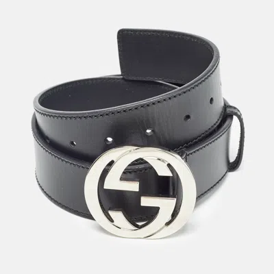 Pre-owned Gucci Black Leather Interlocking G Buckle Belt 85 Cm