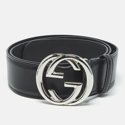 Pre-owned Gucci Black Leather Interlocking G Buckle Belt 90 Cm