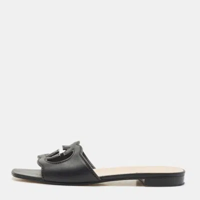 Pre-owned Gucci Black Leather Interlocking G Cut Out Flat Slides Size 38.5