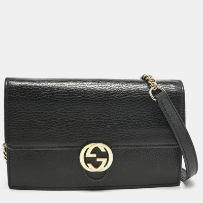 Pre-owned Gucci Black Leather Interlocking G Dollar Chain Wallet