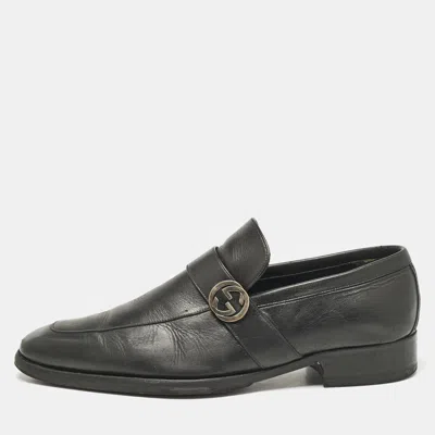 Pre-owned Gucci Black Leather Interlocking G Loafers Size 42