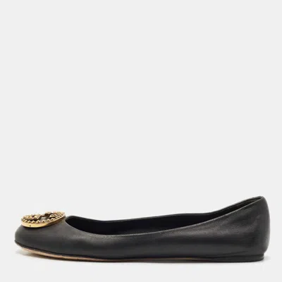 Pre-owned Gucci Black Leather Interlocking G Spike Ballet Flats Size 37.5