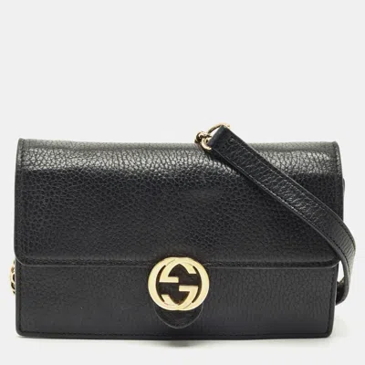 Pre-owned Gucci Black Leather Interlocking G Wallet On Chain