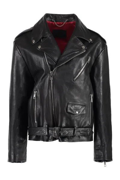 Gucci Black Leather Jacket With Lapel Collar And Logo Buttons For Women