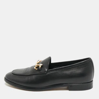Pre-owned Gucci Black Leather Jordaan Crystal Embellished Loafers Size 35
