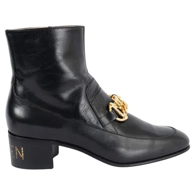 Pre-owned Gucci Black Leather Kitten Block Heel Chain Ankle Boots Shoes 39