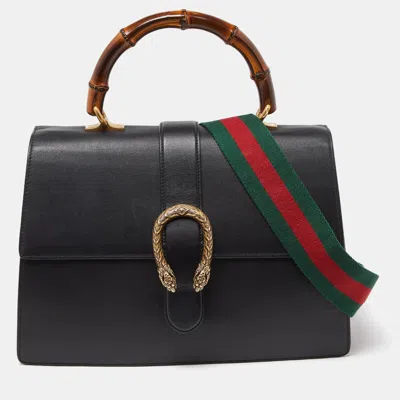 Pre-owned Gucci Black Leather Large Dionysus Bamboo Top Handle Bag