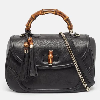 Pre-owned Gucci Black Leather Large New Bamboo Tassel Top Handle Bag