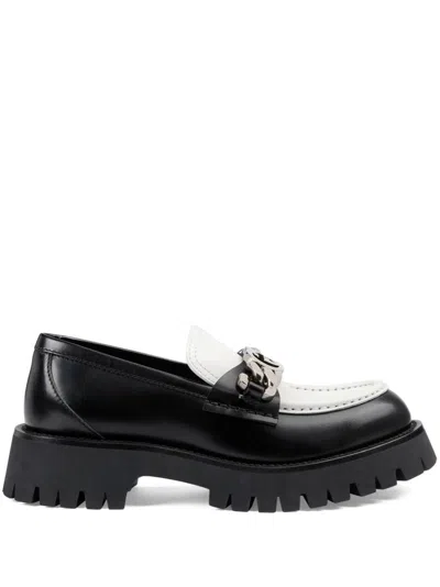 Gucci Black Leather Loafers For Women With Contrast Detail And Lug Sole