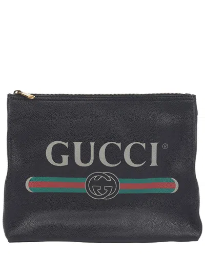 Gucci Black Leather Logo Print Portfolio Clutch (authentic Pre-loved)