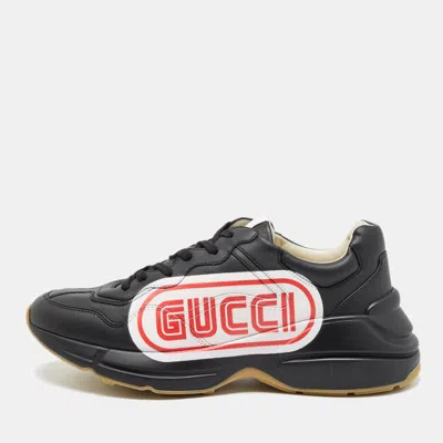 Pre-owned Gucci Black Leather Logo Rhyton Sneakers Size 41