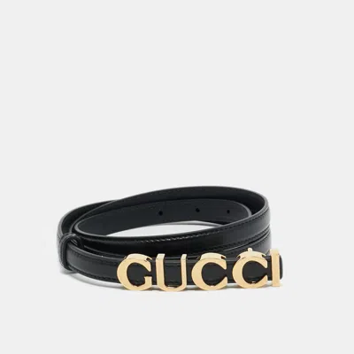Pre-owned Gucci Black Leather Logo Slim Waist Belt 95cm