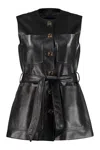GUCCI BLACK LEATHER LONG VEST WITH GG LOGO BUTTONS AND COORDINATED WAIST BELT