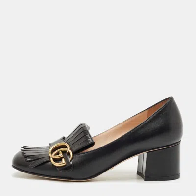 Pre-owned Gucci Black Leather Marmont Gg Fringe Detail Block Heel Pumps Size 38