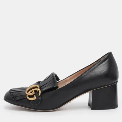 Pre-owned Gucci Black Leather Marmont Gg Fringe Detail Block Heel Pumps Size 38