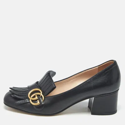 Pre-owned Gucci Black Leather Marmont Gg Fringe Detail Block Heel Pumps Size 38.5