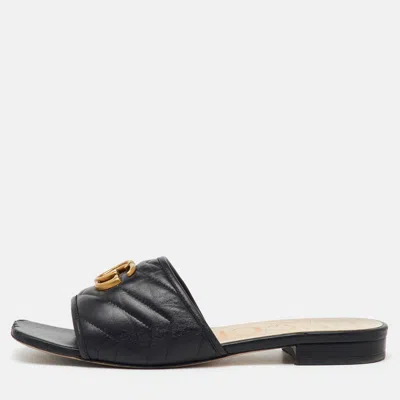 Pre-owned Gucci Black Leather Matelasse Gg Jolie Flat Slide Sandals Size 39.5