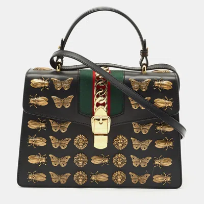 Pre-owned Gucci Black Leather Medium Animal Studs Sylvie Top Handle Bag