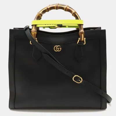 Pre-owned Gucci Black Leather Medium Bamboo Diana Tote Bag