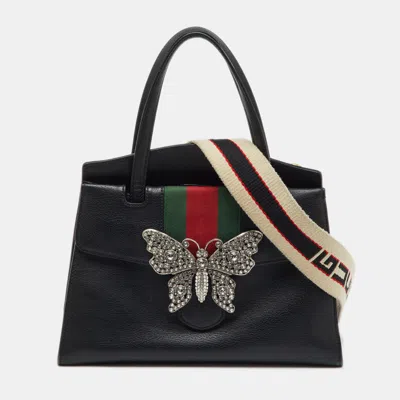 Pre-owned Gucci Black Leather Medium Web Butterfly Embellished Medium Linea Totem Tote