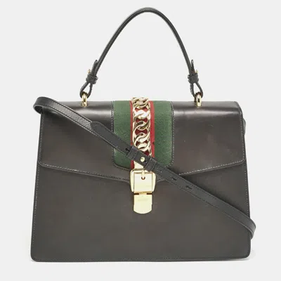 Pre-owned Gucci Black Leather Medium Web Sylvie Top Handle Bag