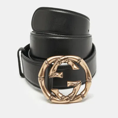 Pre-owned Gucci Black Leather Metal Bamboo Interlocking G Buckle Belt 85cm