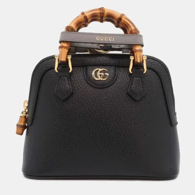 Pre-owned Gucci Black Leather Mini Bamboo Diana Tote Bag