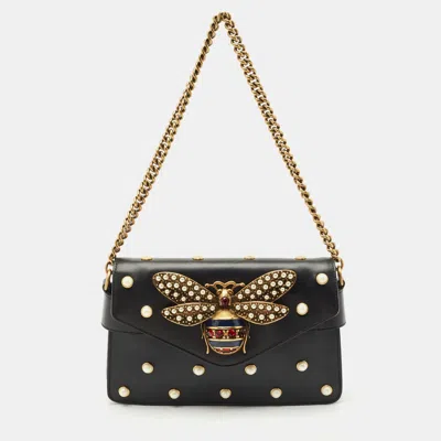 Pre-owned Gucci Black Leather Mini Pearl Studded Queen Margaret Broadway Shoulder Bag
