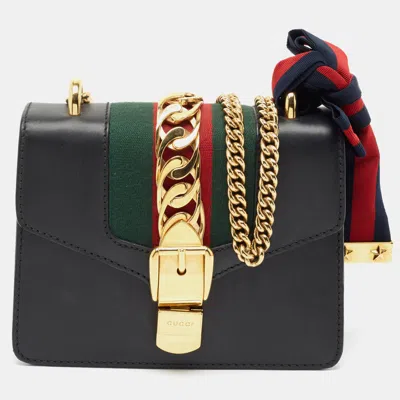 Pre-owned Gucci Black Leather Mini Web Chain Sylvie Shoulder Bag