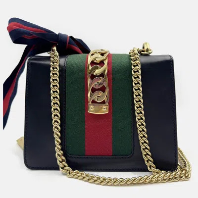 Pre-owned Gucci Black Leather Mini Web Chain Sylvie Shoulder Bag