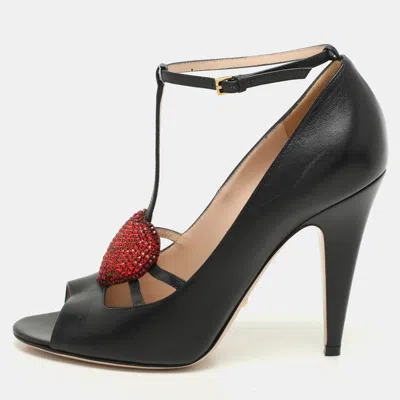 Pre-owned Gucci Black Leather Molina Embellished T-strap Pumps Size 38.5
