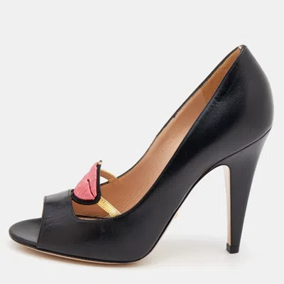 Pre-owned Gucci Black Leather Molina Lips Peep Toe Pumps Size 37.5