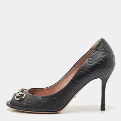 Pre-owned Gucci Black Leather New Hollywood Horsebit Peep Toe Pumps Size 38