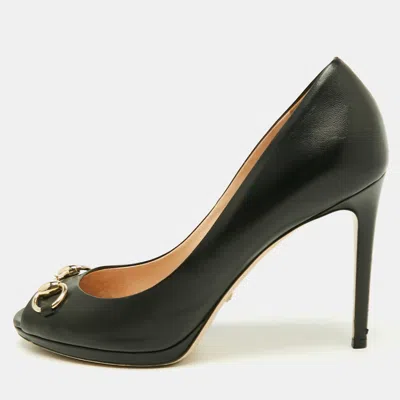 Pre-owned Gucci Black Leather New Hollywood Horsebit Peep Toe Pumps Size 38.5