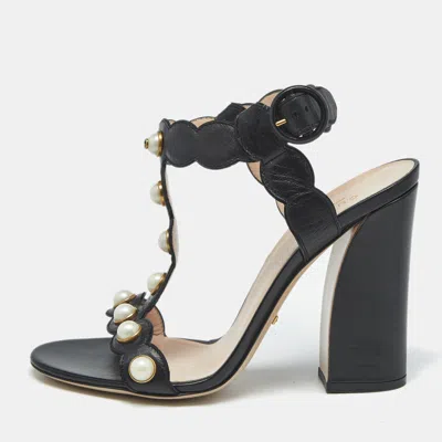 Pre-owned Gucci Black Leather Pearl Embellished Ankle Strap Sandals Size 40