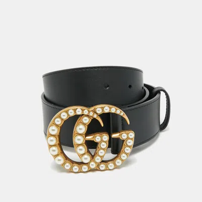 Pre-owned Gucci Black Leather Pearl Embellished Double G Buckle Belt 80 Cm