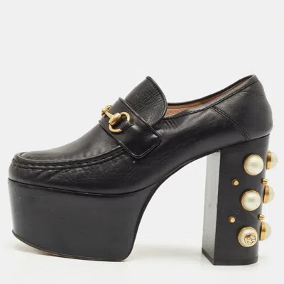 Pre-owned Gucci Black Leather Pearl Studded Vegas Platform Loafer Pumps Size 39