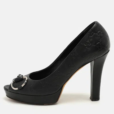 Pre-owned Gucci Black Leather Peep Toe Pumps Size 38
